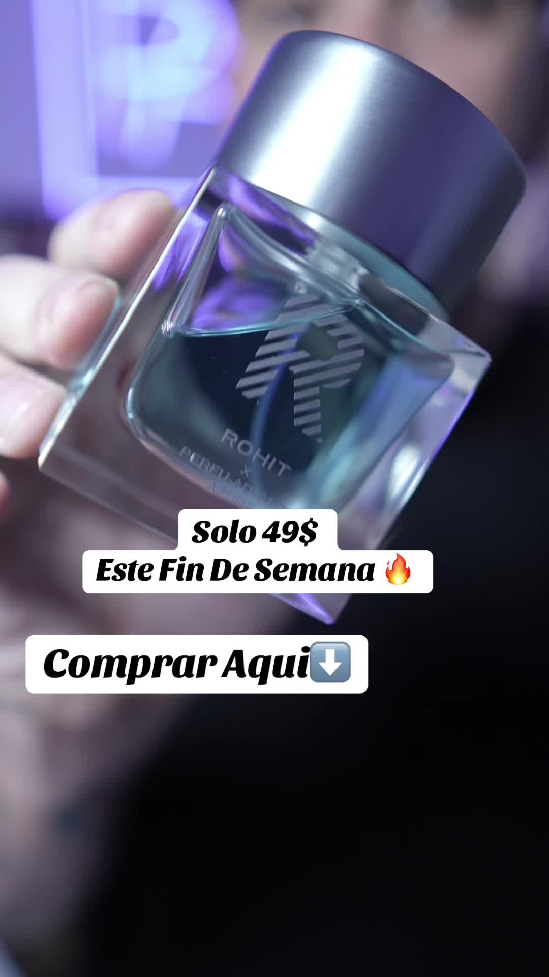 TikTok post by @soyelperfu for Bharara Beauty. Caption reads: 49.99$ mi perfume con @Bharara Beauty Rohit Azure....