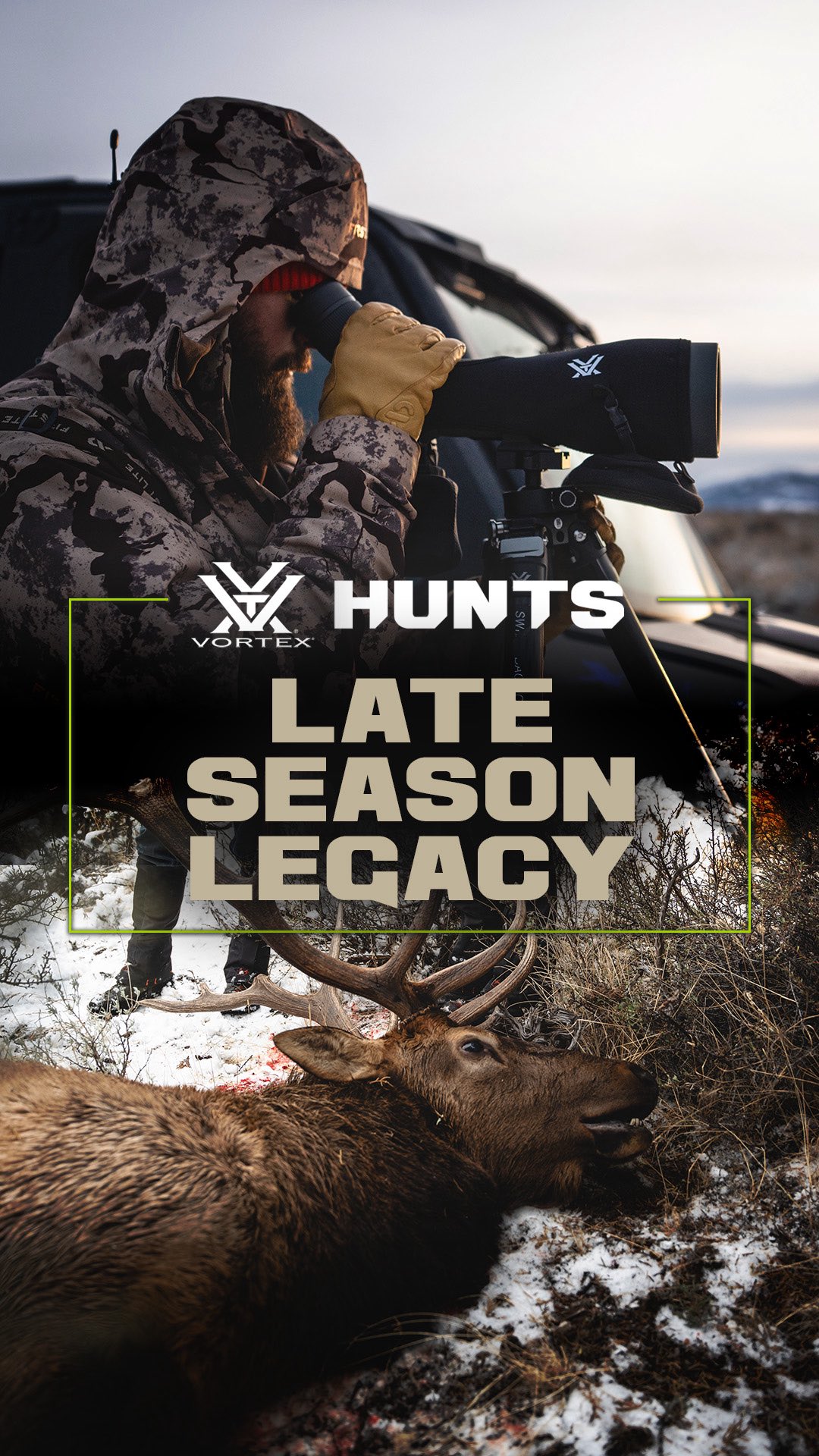 Instagram post by @initialascent for Vortex Optics. Caption reads: Even in a coveted draw unit, elk don’t come easy.....