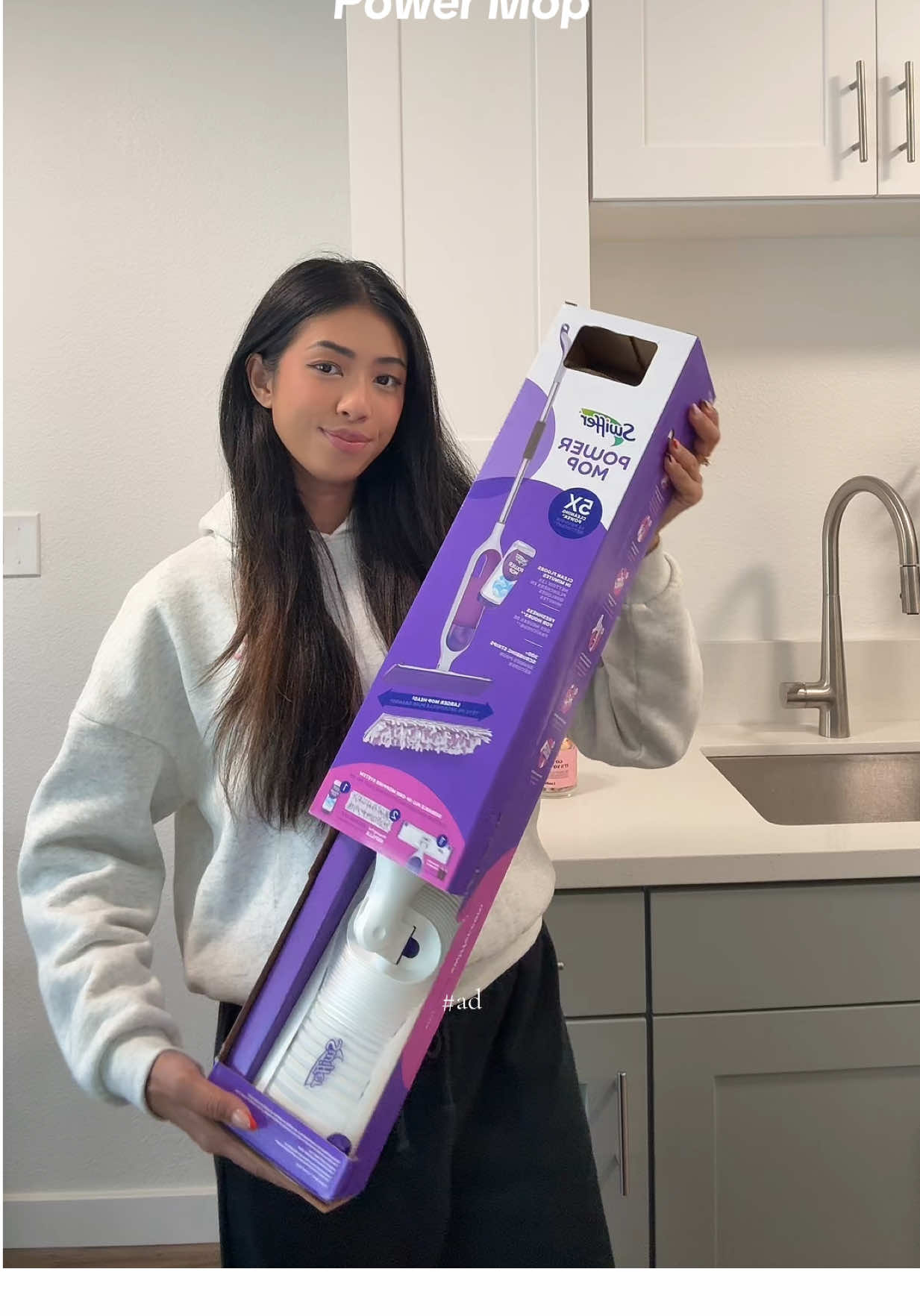 TikTok post by @vickiemnm for Swiffer. Caption reads: No holiday mess with @Swiffer 💜#swifferpartner....