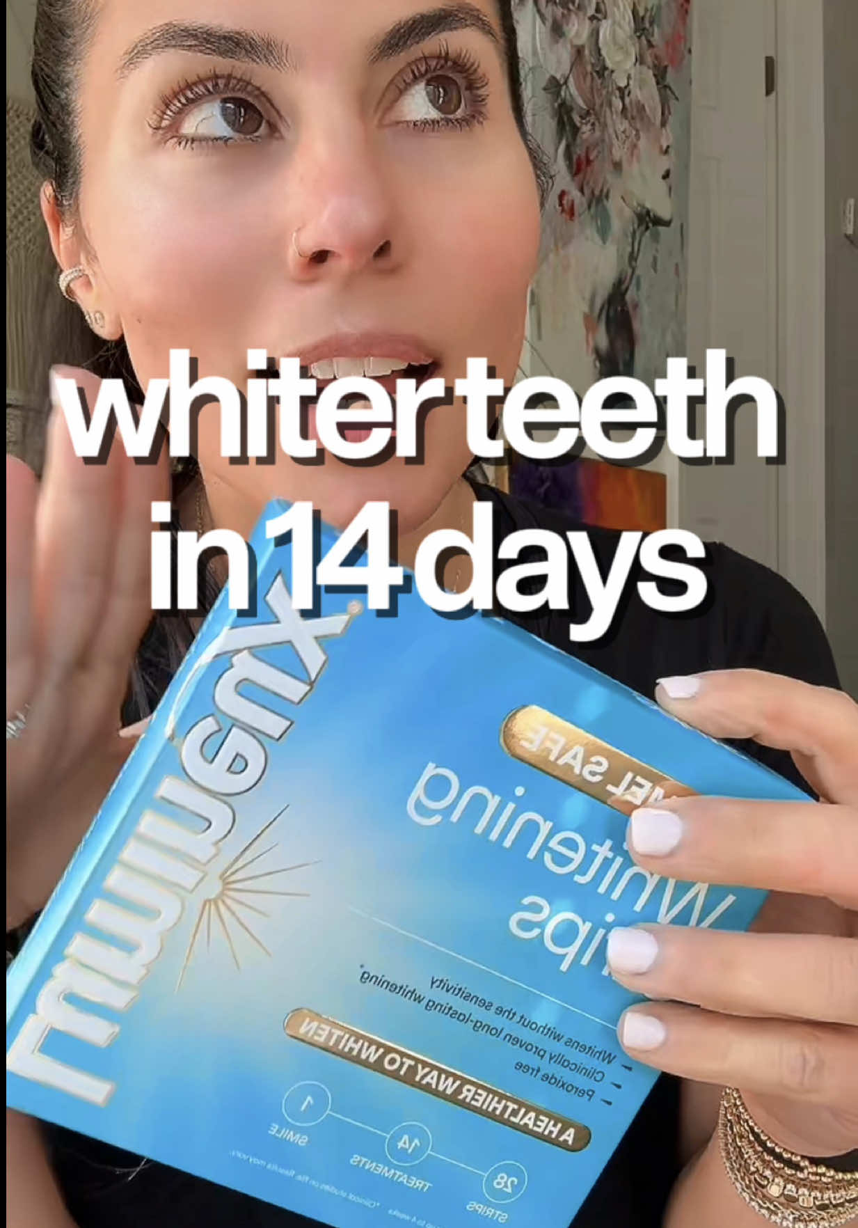 TikTok post by @brittanyfenza for Lumineux. Caption reads: Day 4/14 Lumineux whitening strips and we are NOT....
