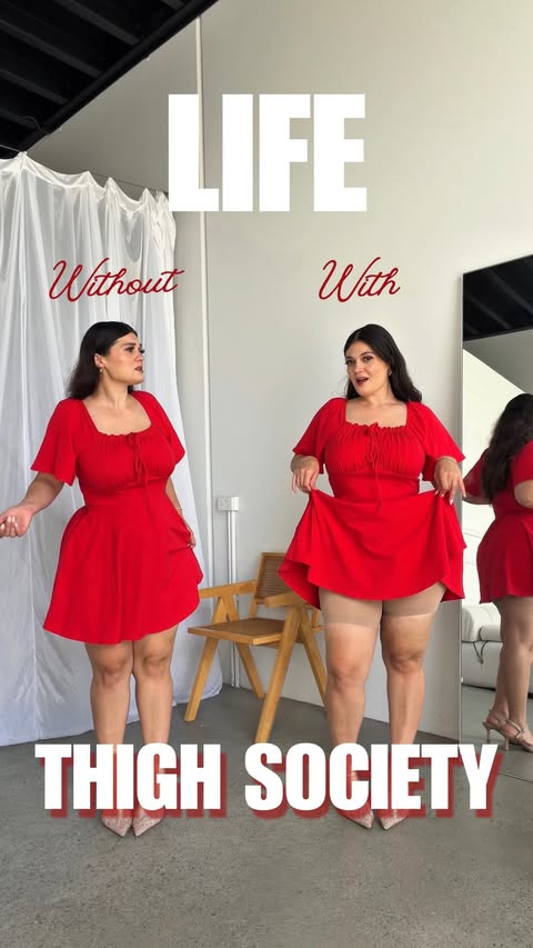 Instagram post by @xanthia_efthymiou for Thigh Society. Caption reads: Life with vs. without @thighsociety anti-chafing....