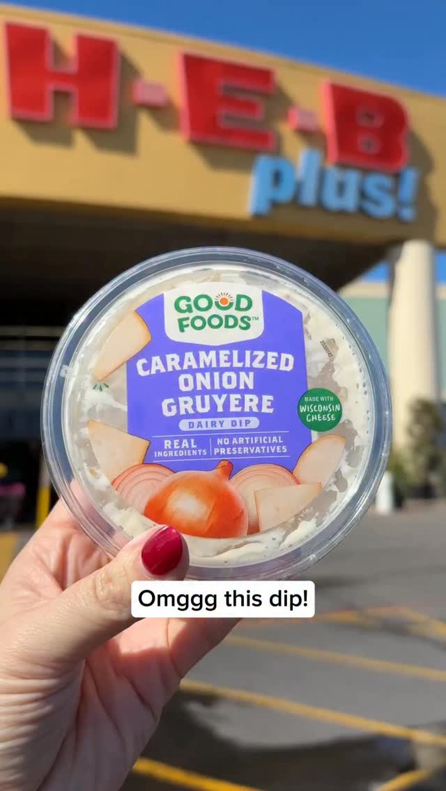 Instagram post by @grocery_obsessed for Good Foods. Caption reads: The most amazing Caramelized Onion Gruyère Dip....