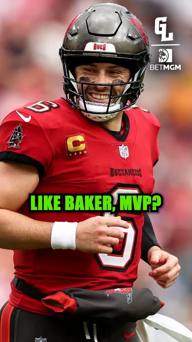 Instagram post by @greenlightpod for BetMGM. Caption reads: Baker Mayfield has played at an MVP level so far....