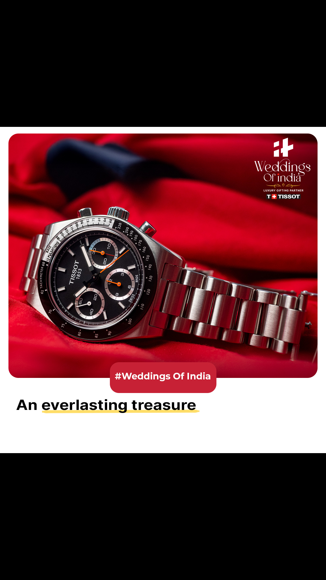 Instagram post by @nitikapanjwani_ for TISSOT. Caption reads: A timeless gift for a timeless bond. 🕰💍 The....