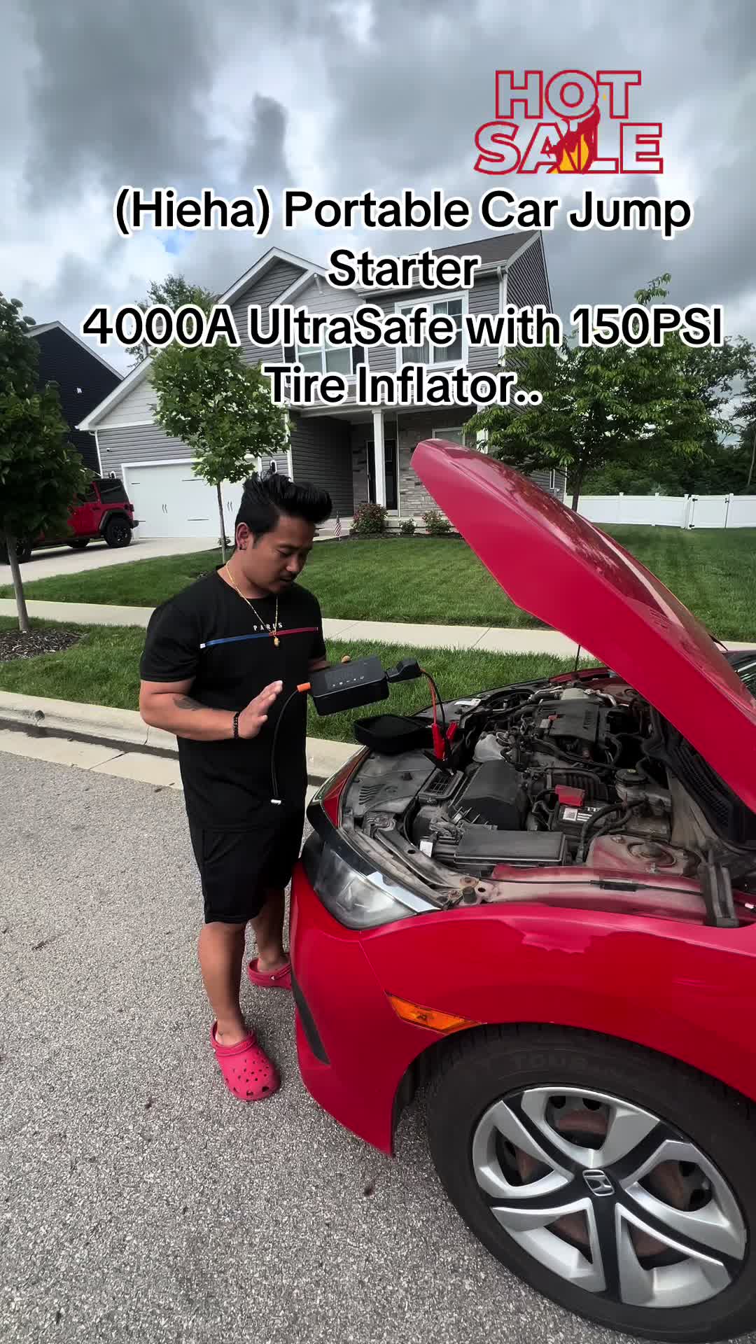 TikTok post by @maheshpulami5 for Hieha. Caption reads: (Hieha) Portable Car Jump Starter 4000A [...].