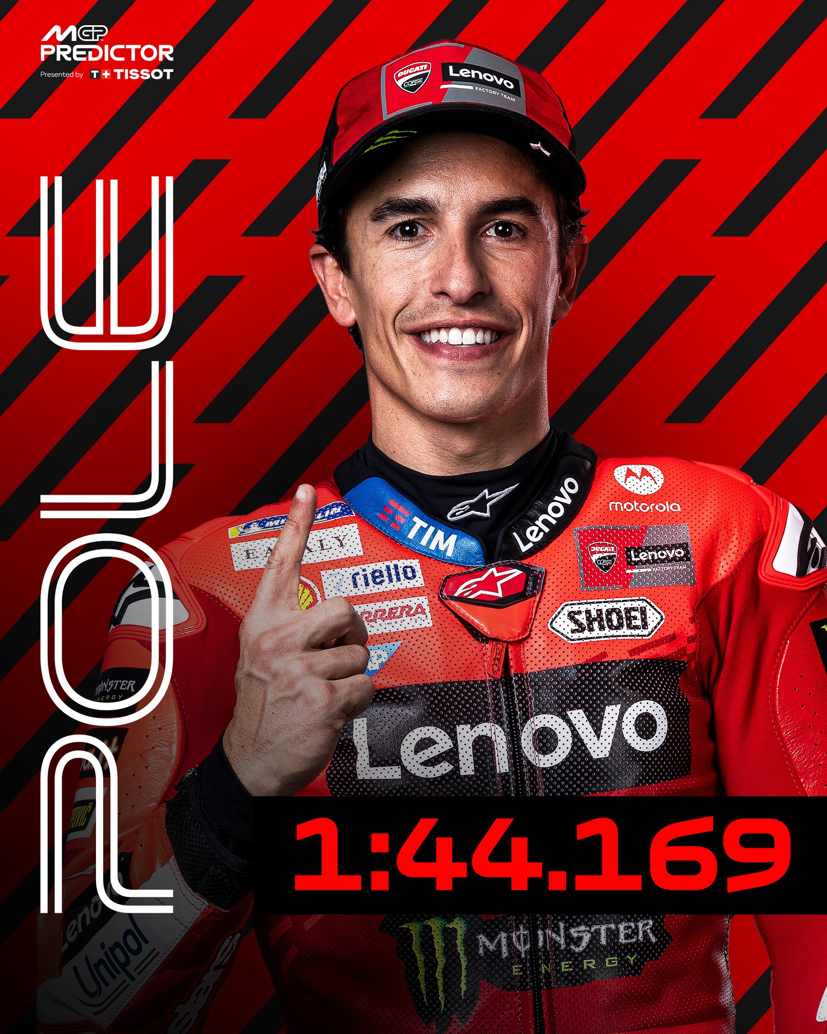 Instagram post by @ducaticorse for TISSOT. Caption reads: @marcmarquez93 powers to a record-breaking pole at....