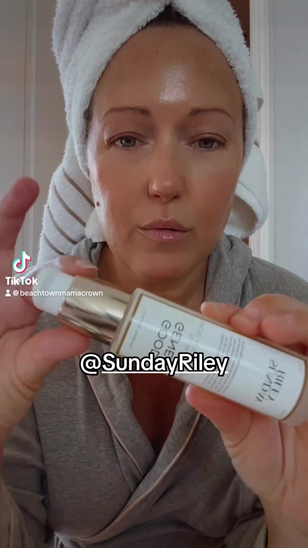 TikTok post by @beachtownmamacrown for Sunday Riley. Caption reads: @Sunday Riley #goodgenes is a daily must! [...].