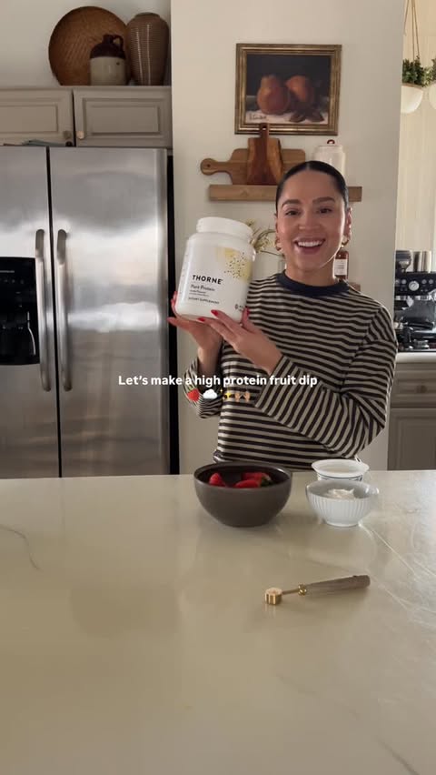 Instagram post by @adriannaasantiago for Thorne. Caption reads: [...] stress to my day 💪🏽🍓 I love using....