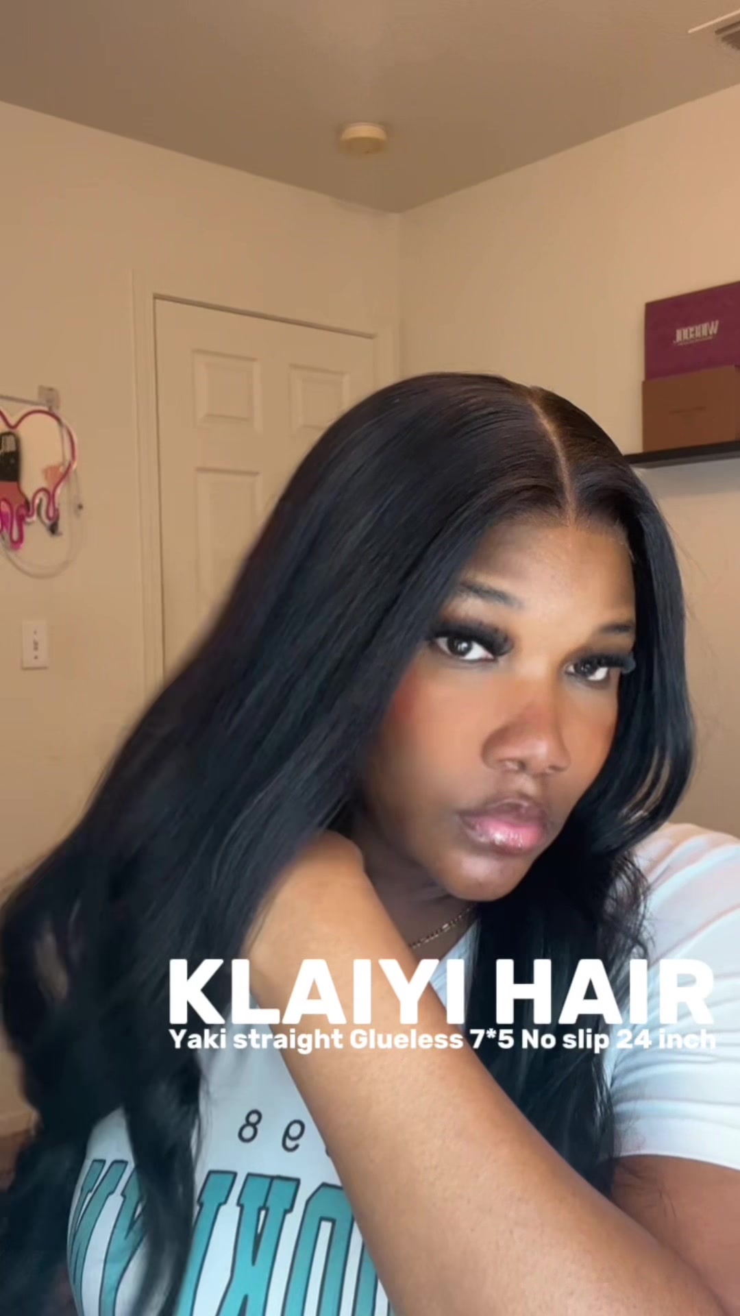 TikTok post by @heyyitschili for Klaiyi Hair. Caption reads: @Klaiyi Hair ✨No Slip 7*5 yaki straight Glueless....