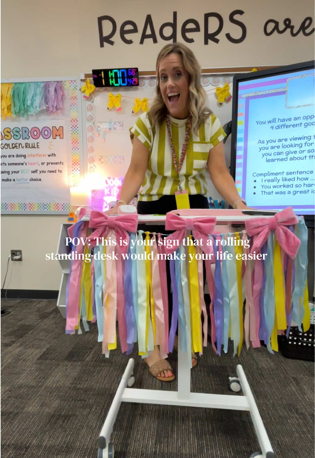 TikTok post by @teachingwithtiff for Sweet Furniture. Caption reads: This standing desk from @Sweet Furniture is a....