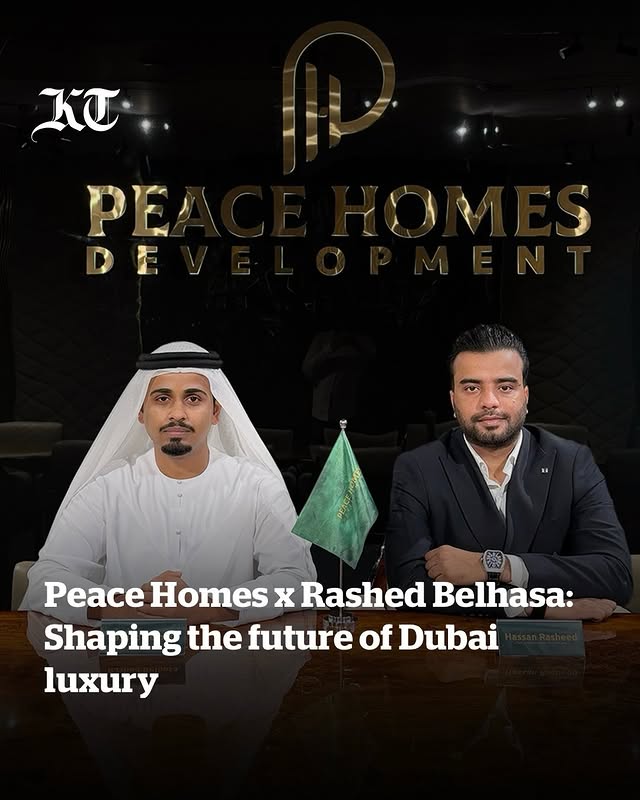 Instagram post by @hasan_warsiii for Khaleej Times. Caption reads: [...] #PeaceHomesDevelopment #ModernLuxury....