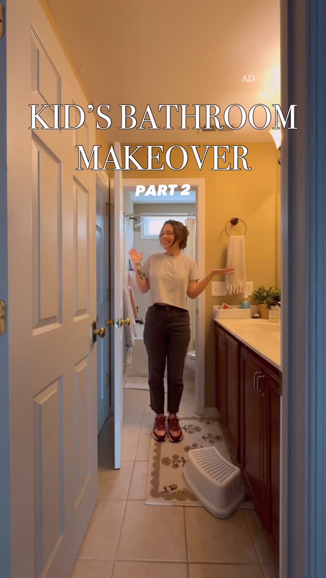 Instagram post by @cassmakeshome for The Home Depot. Caption reads: #ad A little striped tile moment in the bathroom....