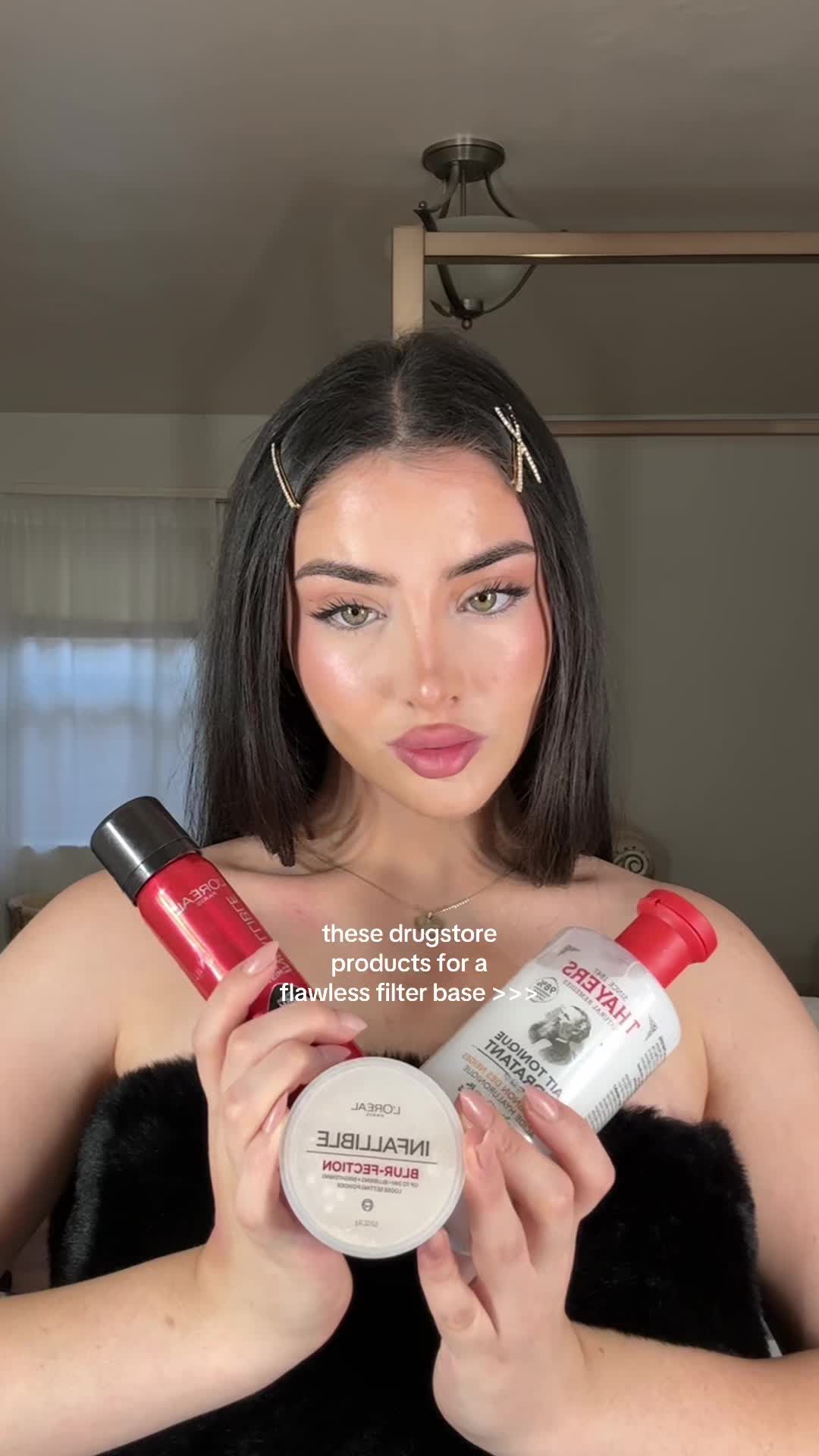 TikTok post by @bellaayar for Thayers. Caption reads: Trying Shelby Ann's VIRAL drugstore makeup routine....
