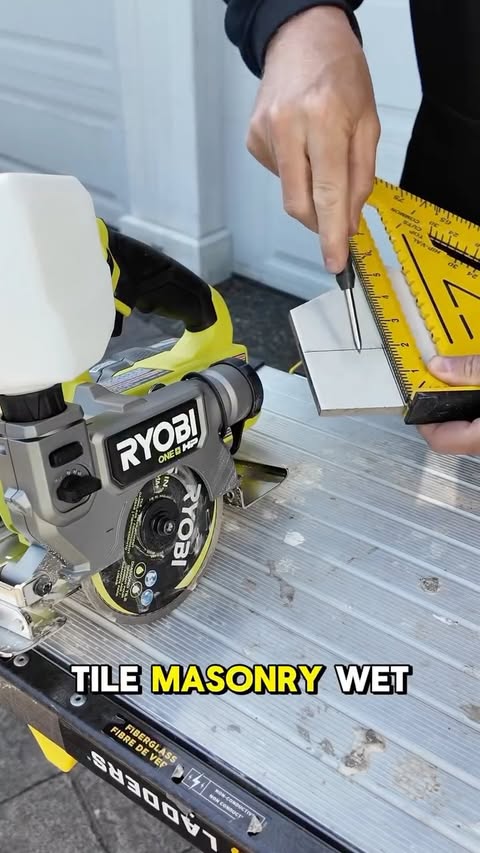 Instagram post by @dj.tiling for RYOBI Tools USA. Caption reads: The @ryobi_canada cordless wet tile saw took me by....