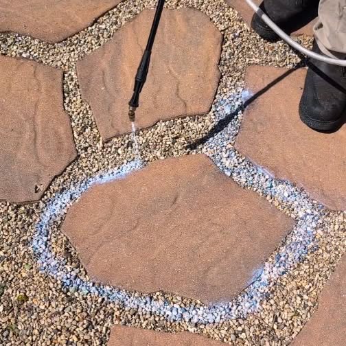 Instagram post by @revivehometips for Jobber. Caption reads: Fixing Chaos on this pea gravel patio fire pit....