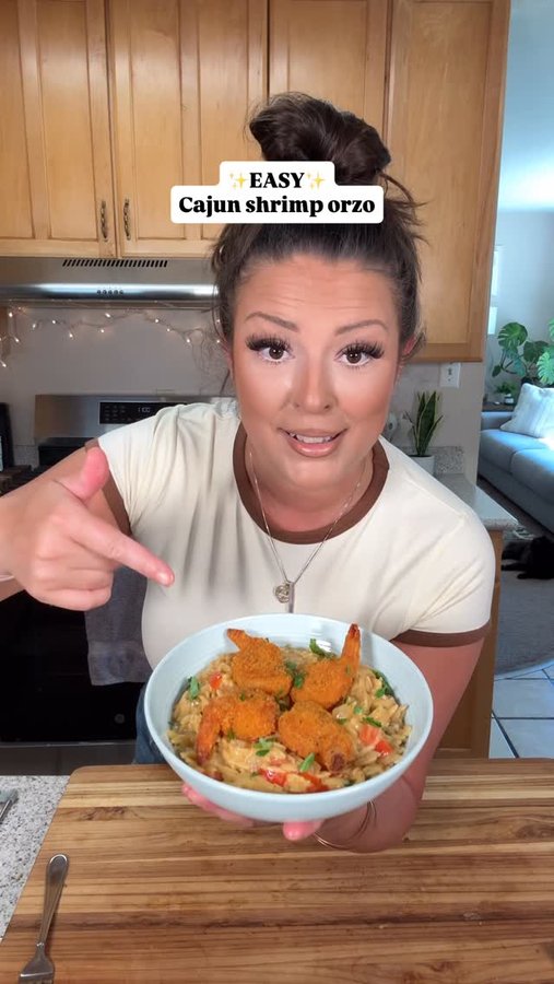 Instagram post by @malinda.rocha for Gorton's. Caption reads: Easy Cajun shrimp orzo using @gortonsseafood....