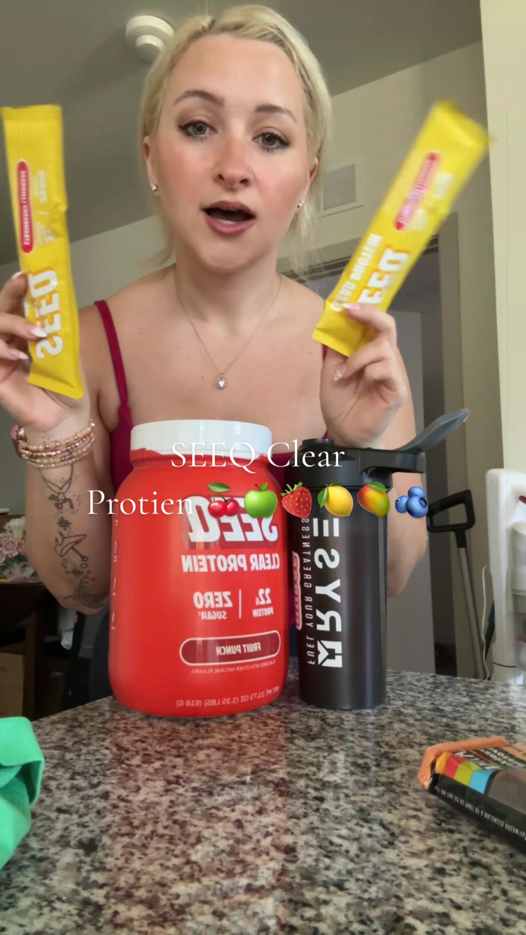 TikTok post by @fitnurse11 for SEEQ SUPPLY. Caption reads: [...] #clearprotein #samples #tiktokshop @SEEQ....