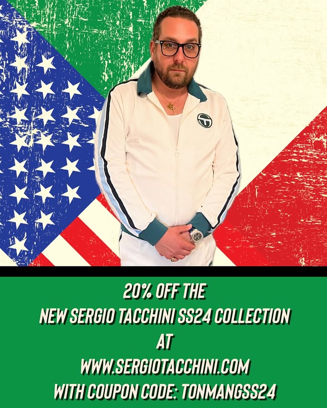 Instagram post by @tonymangia for Sergio Tacchini. Caption reads: [...] is officially live on....