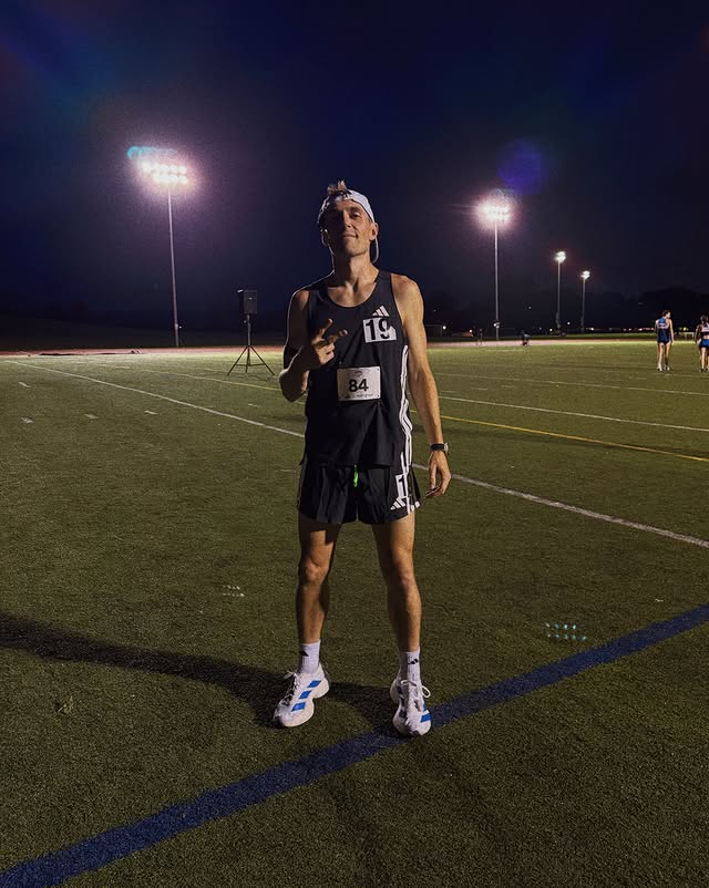 Instagram post by @floberg.runs for adidas Running. Caption reads: [...] [3:12/km / 5:10/mi]⚡️ HUGE shout to....