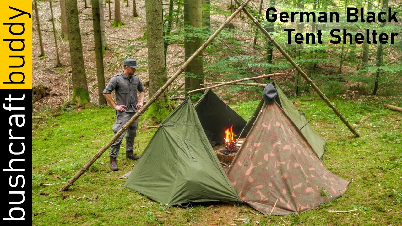 YouTube post by @BushcraftBuddy for BeaverCraft Tools. Caption reads: German Black Tent Shelter Overnight | Kohte Style....