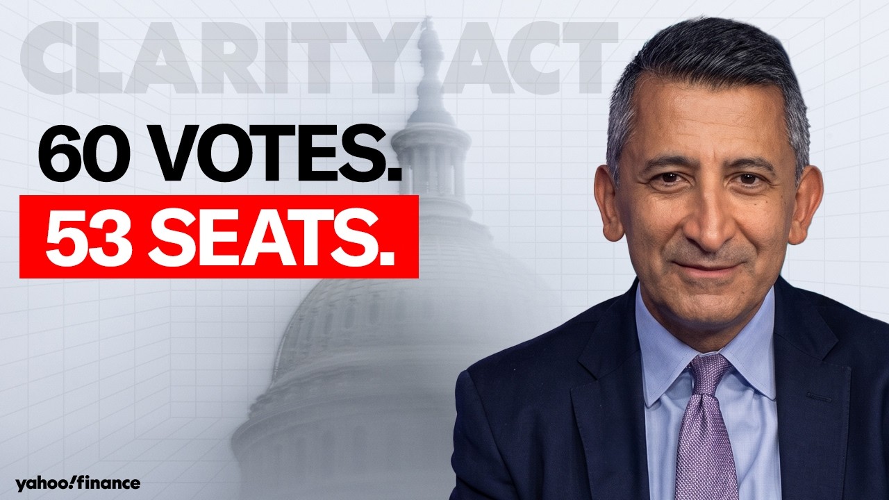 YouTube post by @YahooFinance for Coinbase. Caption reads: [...] Clarity Act needs 7 Democrats tomorrow.....