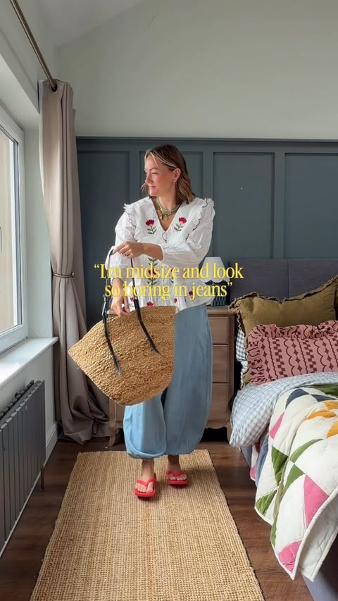 Instagram post by @louisajanefisher_ for River Island. Caption reads: [...] morning 💛 Blouse @monsoon Jeans....