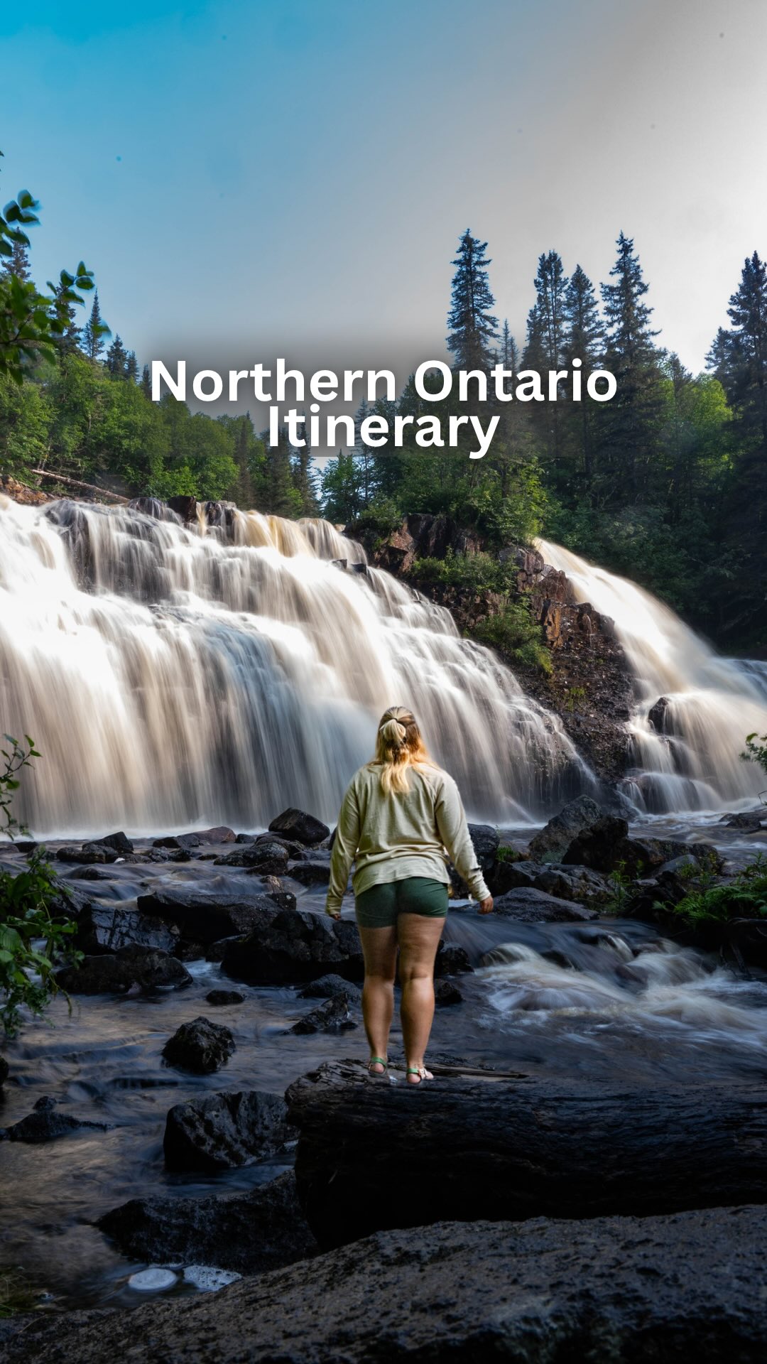 Instagram post by @yourmatiekatie for Destination Ontario. Caption reads: Northern Ontario Road Trip Itinerary! 📍🗺️....