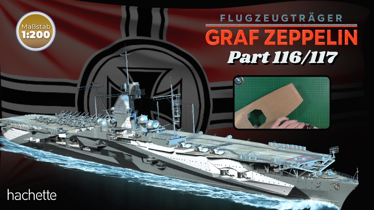 YouTube post by @PartworkModellbau for Pufino. Caption reads: Hachette Aircraft Carrier Graf Zeppelin Part 116 &....