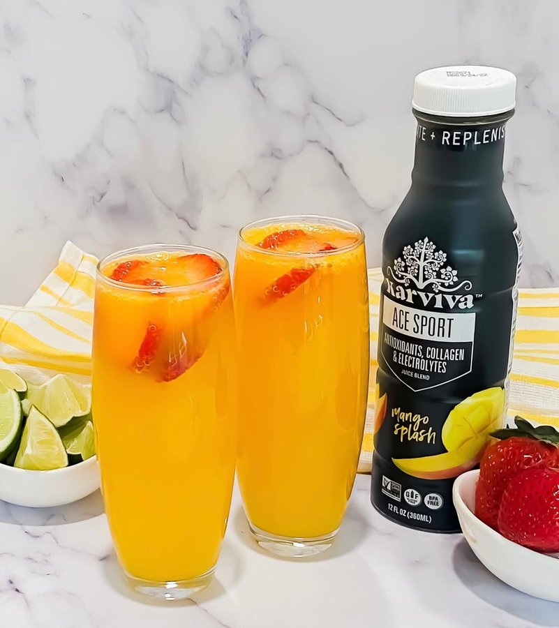 Instagram post by @hintsofspices for Karviva Beverages. Caption reads: 🌟MANGO SPLASH RECOVERY REFRESHER🌟 Anyone else....