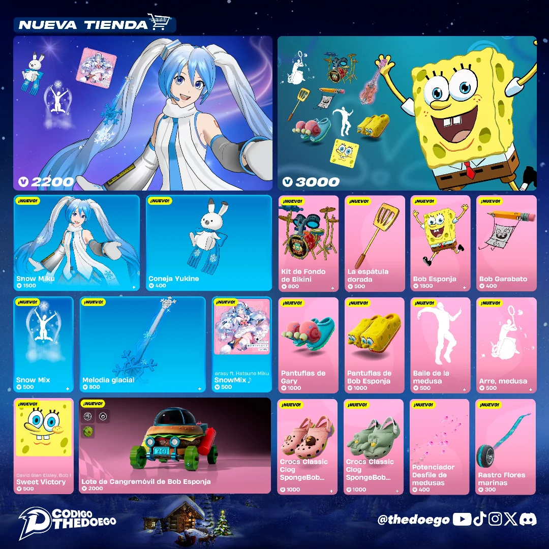 Instagram post by @thedoego for Epic Games. Caption reads: 💦 SNOW MIKU + BOB ESPONJA + CANGREMOVIL +....