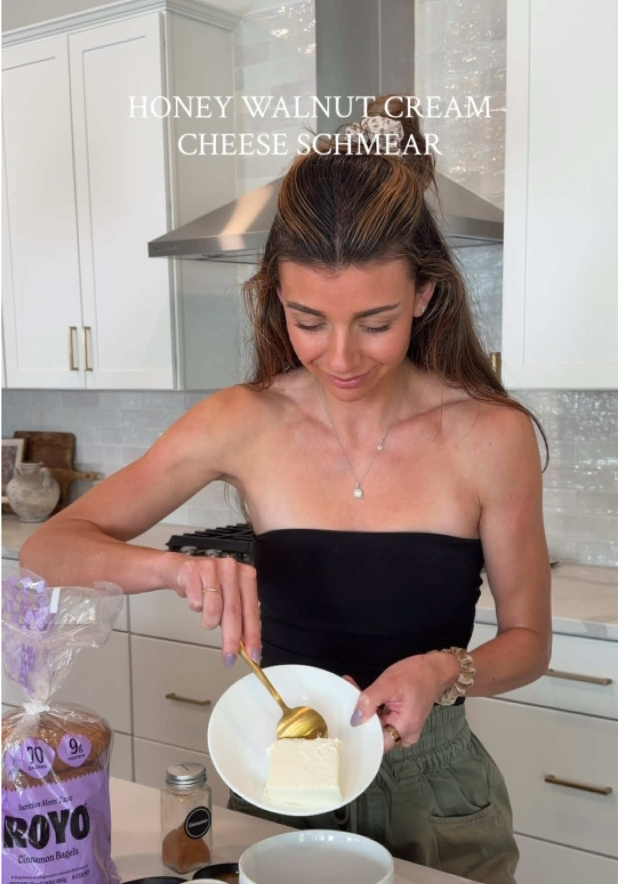 TikTok post by @cookingkatielady for Eat Royo. Caption reads: [...] honey walnut cream cheese on a toasted....