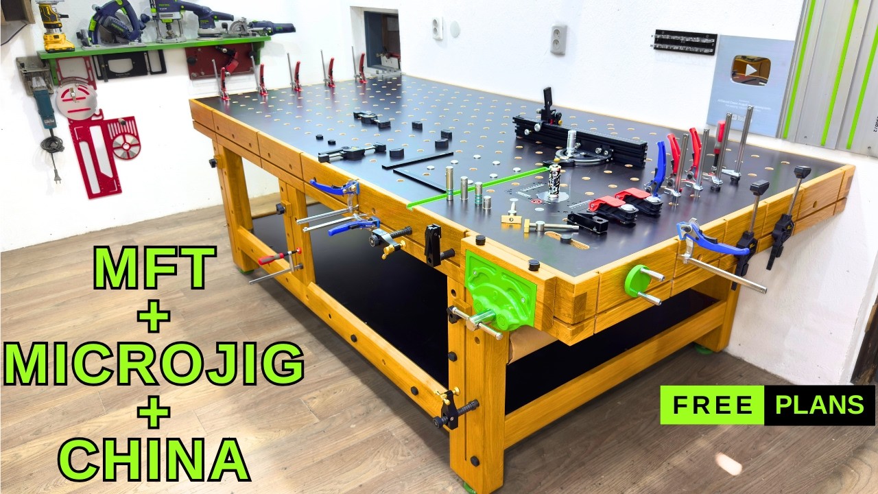 YouTube post by @avswood for Banggood. Caption reads: Creating a Massive, Ultra-Functional Workbench.