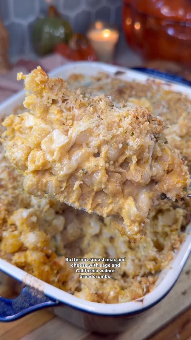 Instagram post by @heresyourbite for California Walnuts. Caption reads: Butternut Squash Mac and Cheese with Sage and....
