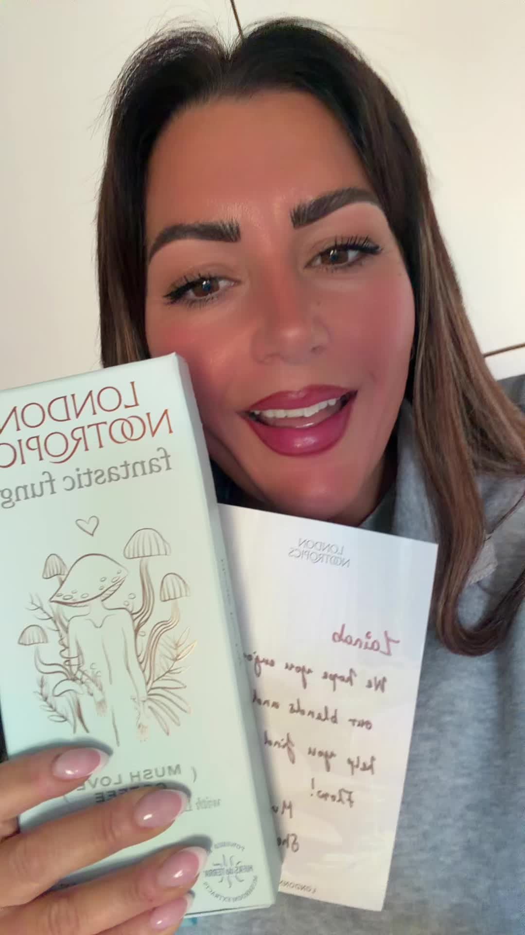 TikTok post by @lady_z_777 for London Nootropics. Caption reads: @London Nootropics 🍄🍄🍄🍄🍄☕️ thank you so much....