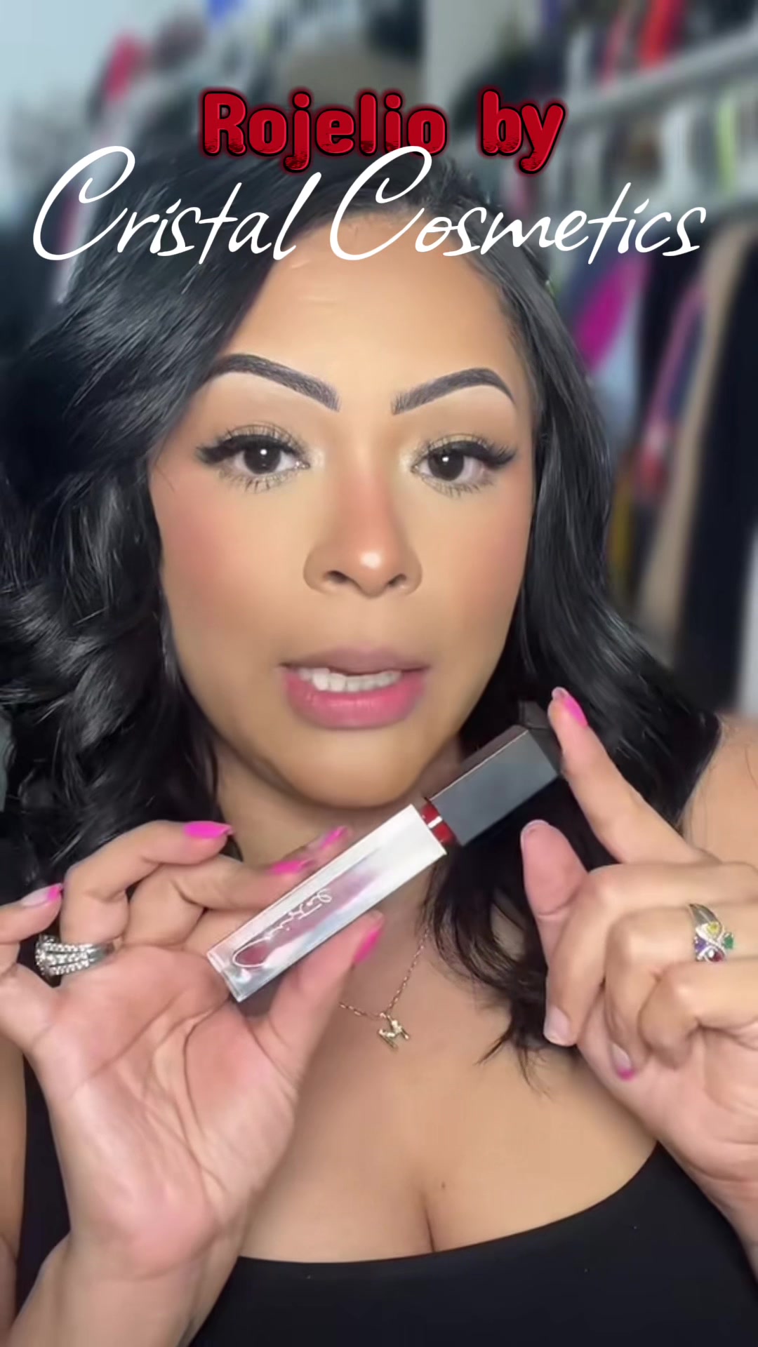 TikTok post by @beautybymichelle for Cristal Cosmetics. Caption reads: [...] ONLY 5 in stock👀 #redlips #lippie....