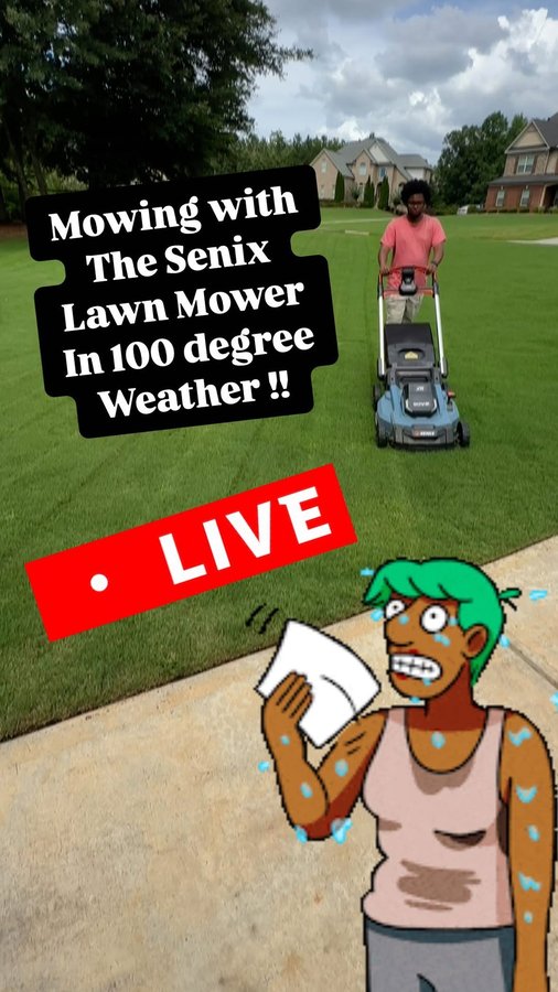Instagram post by @bermudagrasscentral for SENIX Tools. Caption reads: Mowing in 100 degree weather with Senix 60volt....