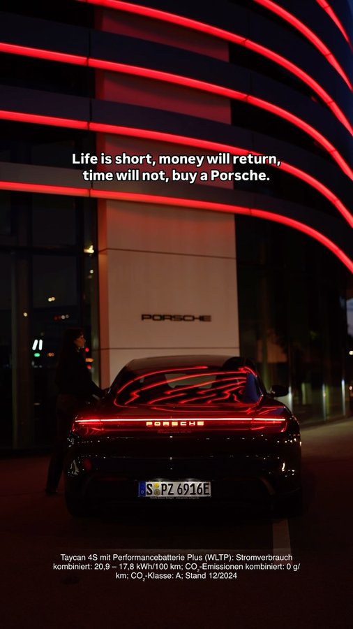 Instagram post by an influencer for Porsche Zentren Stuttgart. Caption reads: Just saying ✨ Taycan 4S mit Performancebatterie....