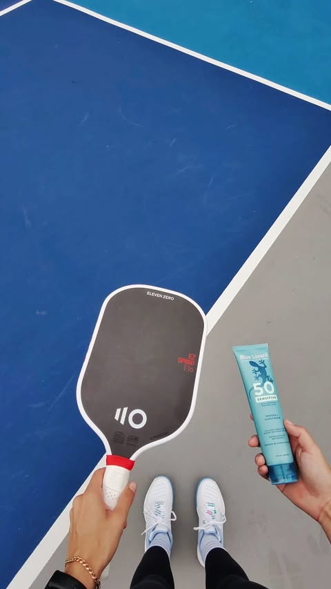 Instagram post by @camilazilveti for Blue Lizard Australian Sunscreen. Caption reads: My pickleball game may be unpredictable, but at....