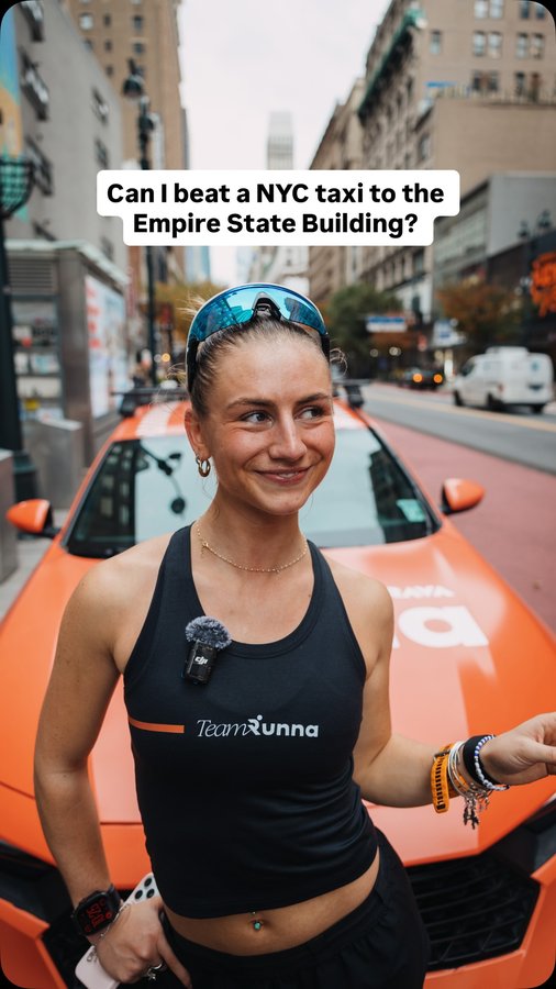 Instagram post by @izzyhillfit for Strava. Caption reads: Can Izzy beat the Runna Taxi in a 5km race to the....