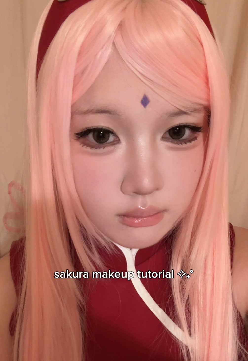TikTok post by @elainesarchive for CANMAKE USA. Caption reads: my sakura haruno cosplay makeup with @Rei....