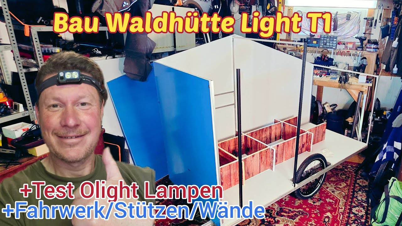 YouTube post by @EnduroRene for OLIGHT. Caption reads: Die Waldhütte Light entsteht/Teil 1.