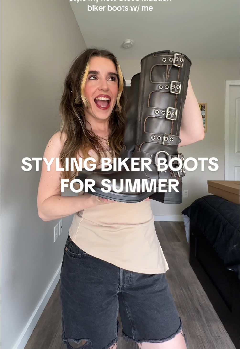 TikTok post by @claudia_rica for Steve Madden. Caption reads: Styling my new @stevemadden biker boots for summer....
