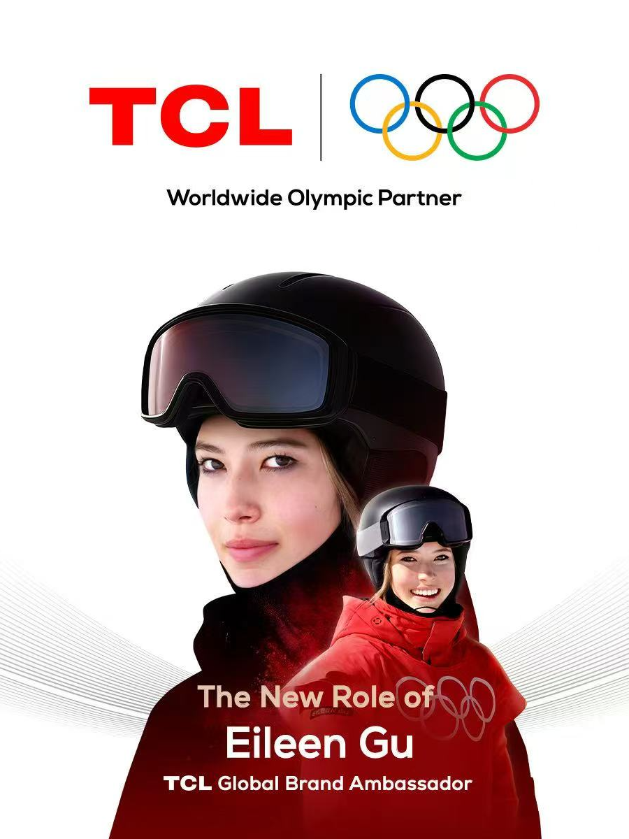 TikTok post by @tcl for Olympics. Caption reads: 🤝 Uniting with @eileen_gu to #InspireGreatness 🌟....