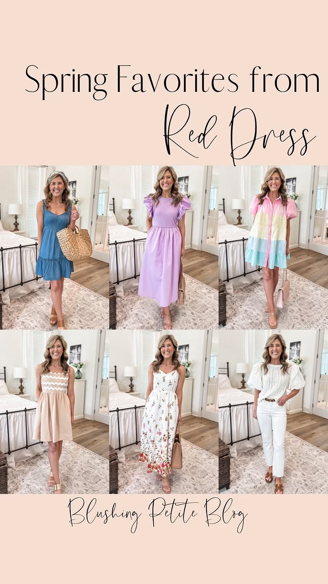 Instagram post by @blushingpetite_blog for Red Dress. Caption reads: Spring Favorites from @shopreddress 😍 Comment....