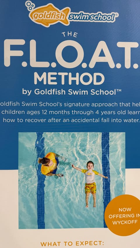 Instagram post by @lilroamingexplorers for Goldfish Swim School. Caption reads: [...] @goldfish_wyckoff to learn more.....