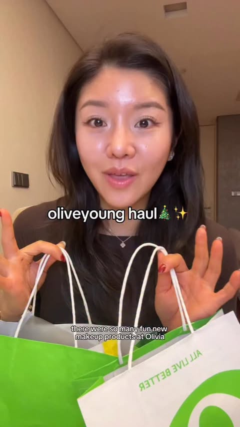 Instagram post by @sarahkchey for OLIVE YOUNG. Caption reads: [...] christmas to me & YOU🥰✨ makeup I picked up....