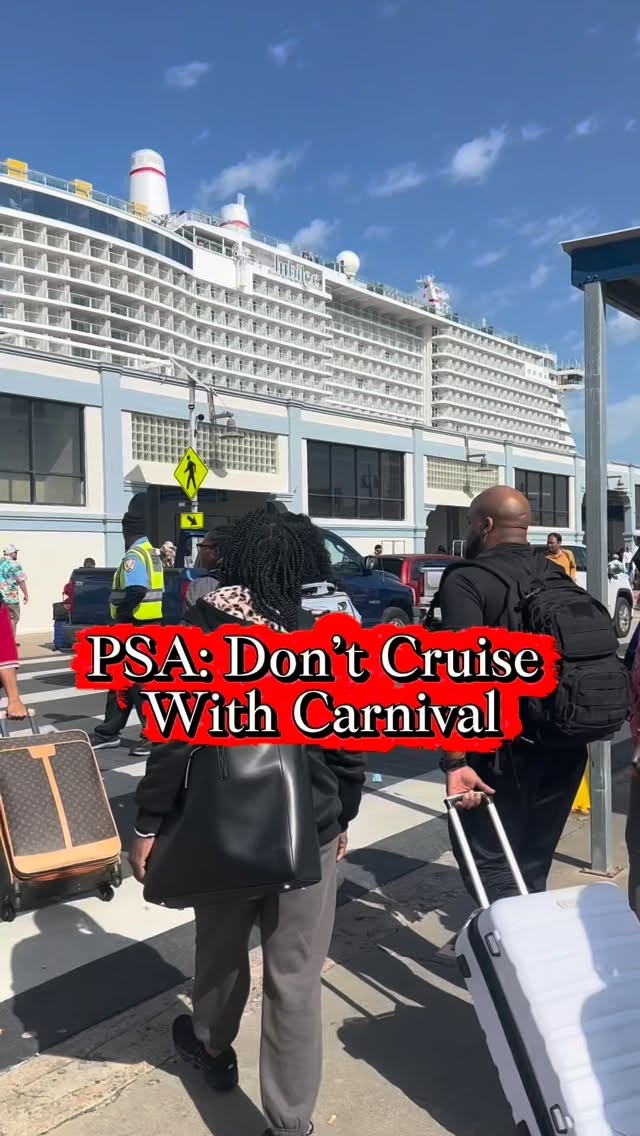 Instagram post by @_lragland for Carnival Cruise Line. Caption reads: ⚠️ PSA: Don’t book with Carnival Cruise. Went on a....