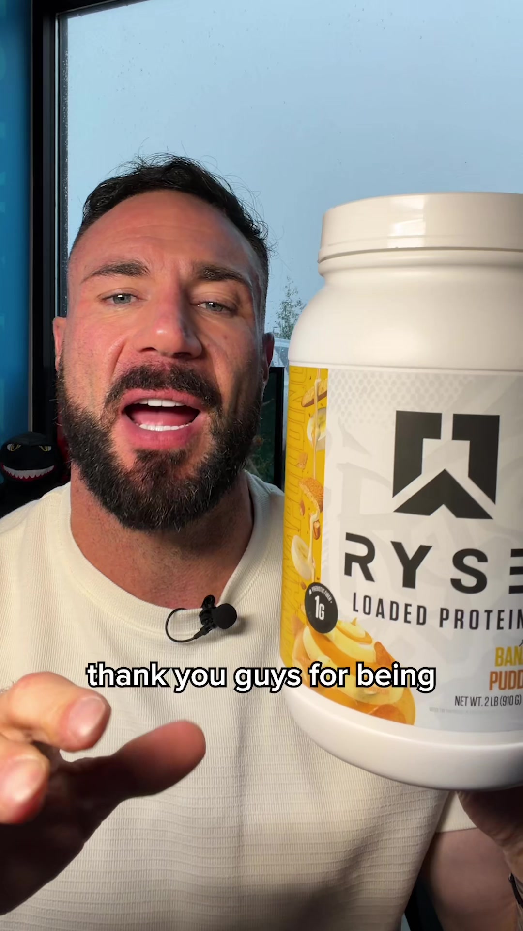 TikTok post by @noeldeyzel_bodybuilder for RYSE Supplements. Caption reads: ITS FINALLY HERE 😭🙏🏼 Banana Pudding, my limited....