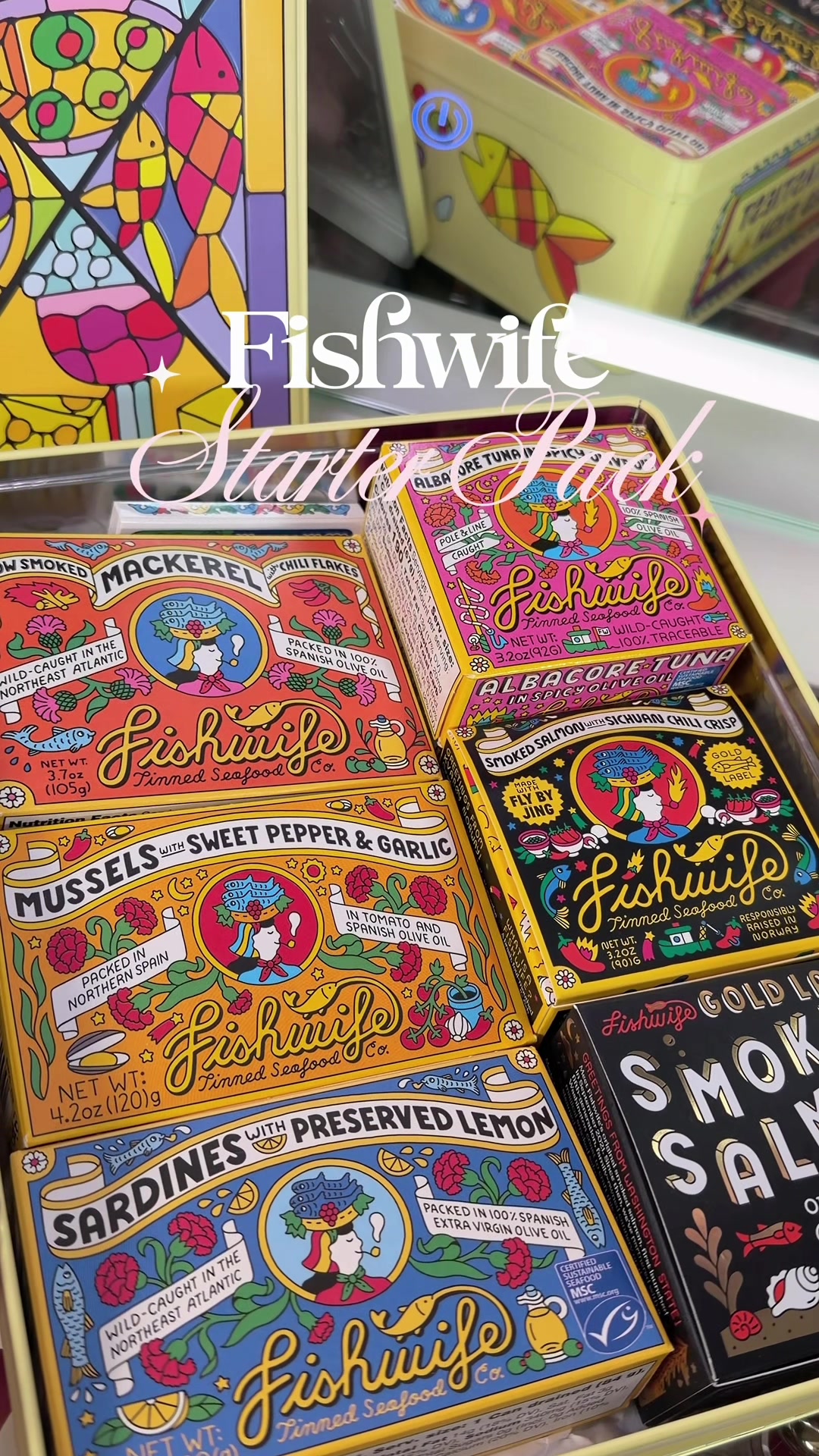 TikTok post by @saraiepalacio for Fishwife. Caption reads: whats in the fishwife starter pack 🐟⭐️🌸....