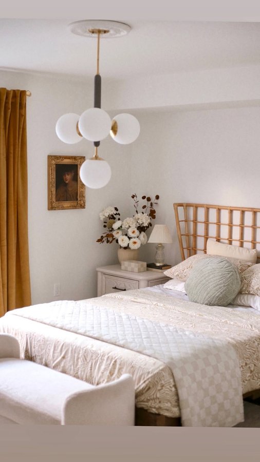 Instagram post by @lanadmitruks for Half Price Drapes. Caption reads: Here’s the final look of the bedroom update. Love....